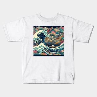 The Sea Wave and Colorfull Fish and Clouds in Japanese Style Kids T-Shirt